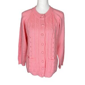 Harrington Park Vintage Pink Cable Knit Cardigan Sweater Womens Small Pockets